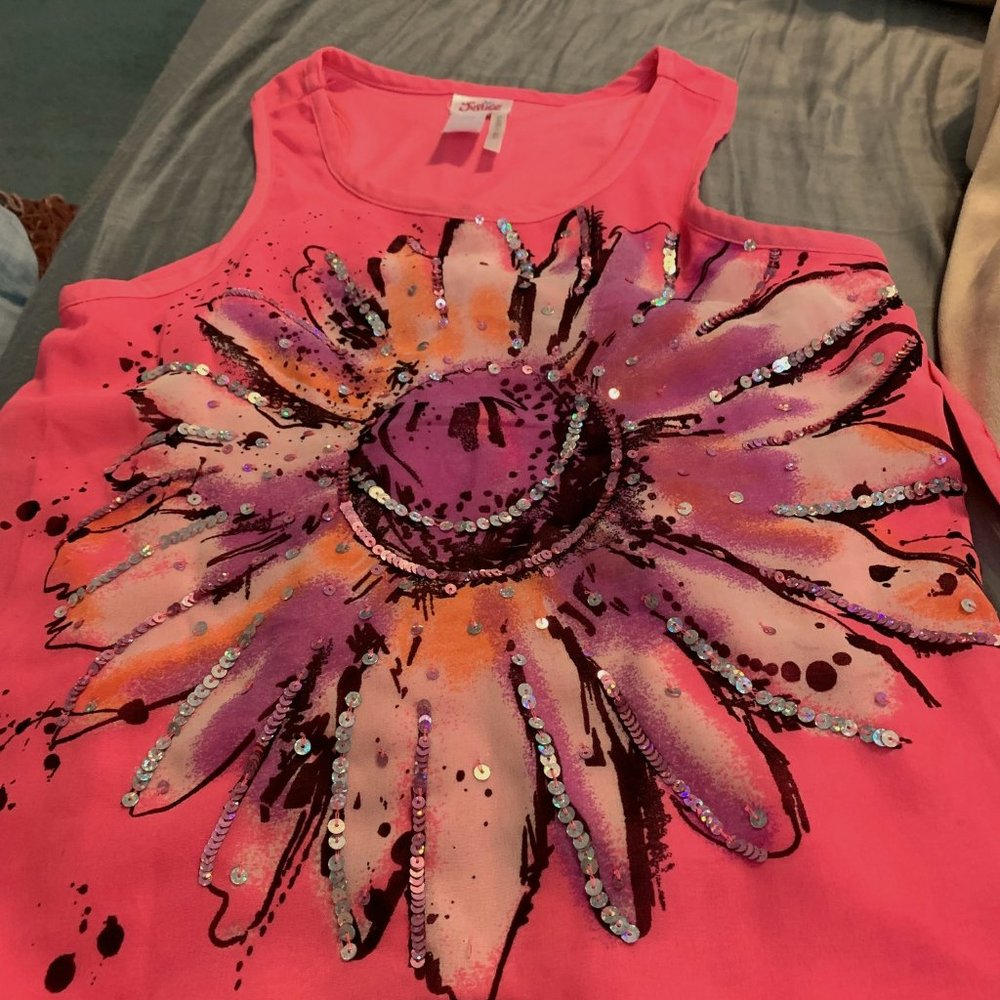 Justice Girl's pink poly top with large sequin flower 10